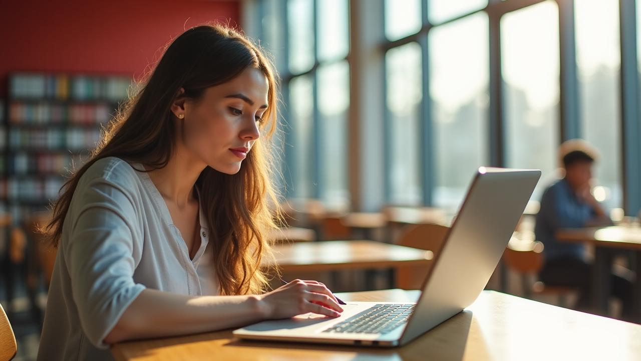 Focused graduate student organizing research on a laptop in a quiet sunlit library